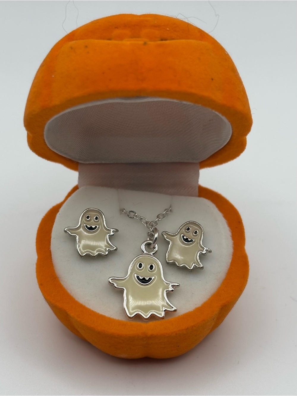 Kids Cute Ghost Pendant & Earring Set in White and Silver in Orange Pumpkin Box